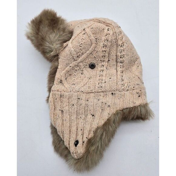 American Eagle Outfitters Beige Knit Trapper Hat With Faux Fur Trim & Pom Poms - Picture 2 of 8